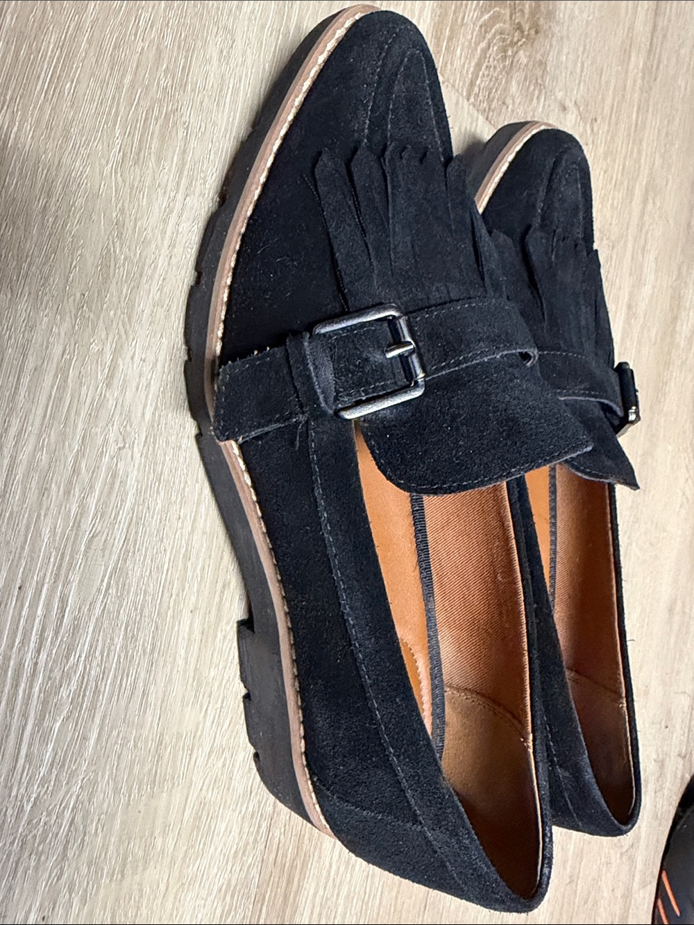 Franco Sarto Black Suede Kiltie Loafers with Buckle - Picture 2 of 3